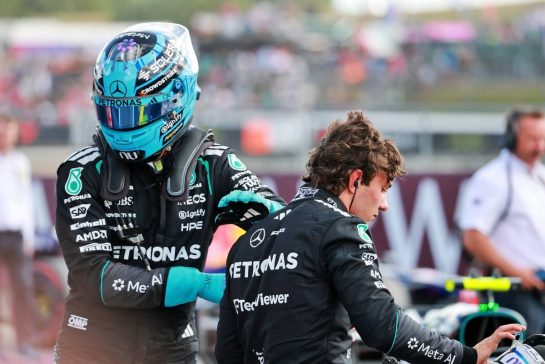 (L to R): George Russell (GBR) Mercedes AMG Formula One Team in qualifying parc ferme with pole sitter and team mate Andrea Kimi Antonelli (ITA) Mercedes AMG Formula One Team.
04.07.2026. Formula 1 World Championship, Rd 9, British Grand Prix, Silverstone, England, Sprint and Qualifying Day.
- www.xpbimages.com, EMail: requests@xpbimages.com © Copyright: Charniaux / XPB Images