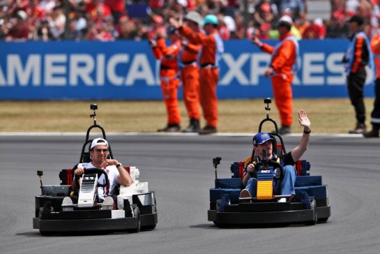 (L to R): Sergio Perez (MEX) Cadillac Formula 1 Team and Max Verstappen (NLD) Red Bull Racing in Lego karts on the drivers' parade.
05.07.2026. Formula 1 World Championship, Rd 9, British Grand Prix, Silverstone, England, Race Day.
- www.xpbimages.com, EMail: requests@xpbimages.com © Copyright: Charniaux / XPB Images