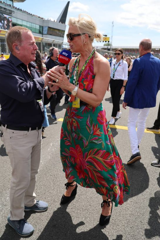 (L to R): Martin Brundle (GBR) Sky Sports F1 Commentator with Hannah Waddingham (GBR) Actress and Singer on the grid.
05.07.2026. Formula 1 World Championship, Rd 9, British Grand Prix, Silverstone, England, Race Day.
- www.xpbimages.com, EMail: requests@xpbimages.com © Copyright: Batchelor / XPB Images