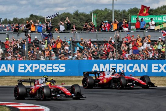 Race winner Charles Leclerc (MON) Scuderia Ferrari SF-26 and team mate Lewis Hamilton (GBR) Scuderia Ferrari SF-26 celebrate at the end of the race.
05.07.2026. Formula 1 World Championship, Rd 9, British Grand Prix, Silverstone, England, Race Day.
- www.xpbimages.com, EMail: requests@xpbimages.com © Copyright: Batchelor / XPB Images