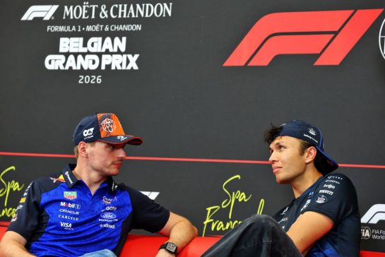 (L to R): Max Verstappen (NLD) Red Bull Racing and Esteban Ocon (FRA) Haas F1 Team in the FIA Press Conference.
16.07.2026. Formula 1 World Championship, Rd 10, Belgian Grand Prix, Spa Francorchamps, Belgium, Preparation Day.
- www.xpbimages.com, EMail: requests@xpbimages.com © Copyright: Bearne / XPB Images