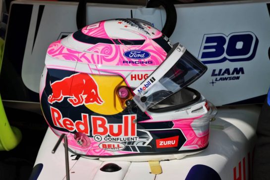 The helmet of Liam Lawson (NZL) Racing Bulls Formula One Team.
17.07.2026. Formula 1 World Championship, Rd 10, Belgian Grand Prix, Spa Francorchamps, Belgium, Practice Day.
- www.xpbimages.com, EMail: requests@xpbimages.com © Copyright: Batchelor / XPB Images