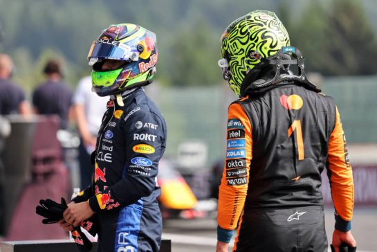(L to R): Isack Hadjar (FRA) Red Bull Racing and Lando Norris (GBR) McLaren F1 Team in qualifying parc ferme.
18.07.2026. Formula 1 World Championship, Rd 10, Belgian Grand Prix, Spa Francorchamps, Belgium, Qualifying Day.
- www.xpbimages.com, EMail: requests@xpbimages.com © Copyright: Charniaux / XPB Images