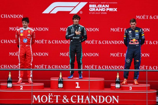 The podium (L to R): Charles Leclerc (MON) Scuderia Ferrari, second; Andrea Kimi Antonelli (ITA) Mercedes AMG Formula One Team, race winner; Max Verstappen (NLD) Red Bull Racing, third.
19.07.2026. Formula 1 World Championship, Rd 10, Belgian Grand Prix, Spa Francorchamps, Belgium, Race Day.
- www.xpbimages.com, EMail: requests@xpbimages.com © Copyright: Bearne / XPB Images