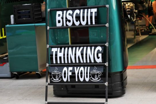 A pit board sending best wishes to Mick 'Biscuit' Fern (GBR) Aston Martin F1 Team Tyre Technician.
23.07.2026. Formula 1 World Championship, Rd 11, Hungarian Grand Prix, Budapest, Hungary, Preparation Day.
- www.xpbimages.com, EMail: requests@xpbimages.com © Copyright: Batchelor / XPB Images