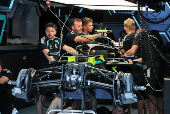 Mercedes AMG Formula One Team W17 being prepared by mechanics in the pit garage.
23.07.2026. Formula 1 World Championship, Rd 11, Hungarian Grand Prix, Budapest, Hungary, Preparation Day.
- www.xpbimages.com, EMail: requests@xpbimages.com © Copyright: Moy / XPB Images