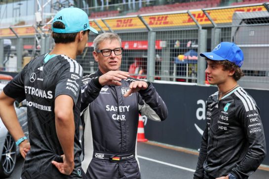 (L to R): George Russell (GBR) Mercedes AMG Formula One Team; Bernd Maylander (GER) FIA Safety Car Driver; and Andrea Kimi Antonelli (ITA) Mercedes AMG Formula One Team, celebrate 30 years of the Mercedes FIA Safety Car.
23.07.2026. Formula 1 World Championship, Rd 11, Hungarian Grand Prix, Budapest, Hungary, Preparation Day.
- www.xpbimages.com, EMail: requests@xpbimages.com © Copyright: Moy / XPB Images