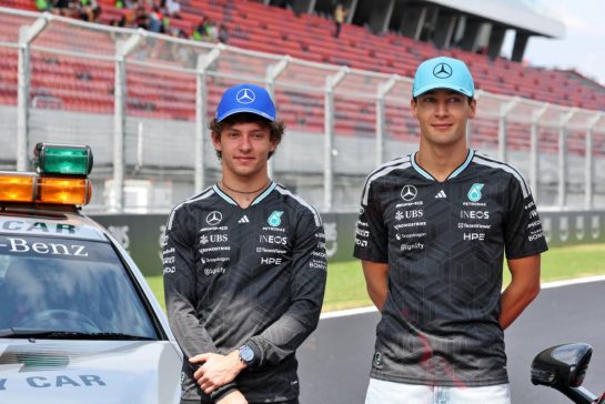 (L to R): Andrea Kimi Antonelli (ITA) Mercedes AMG Formula One Team and George Russell (GBR) Mercedes AMG Formula One Team celebrate 30 years of the Mercedes FIA Safety Car.
23.07.2026. Formula 1 World Championship, Rd 11, Hungarian Grand Prix, Budapest, Hungary, Preparation Day.
- www.xpbimages.com, EMail: requests@xpbimages.com © Copyright: Moy / XPB Images