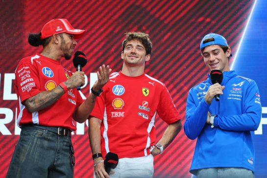 (L to R): Lewis Hamilton (GBR) Scuderia Ferrari; Charles Leclerc (MON) Scuderia Ferrari; and Franco Colapinto (ARG) Alpine F1 Team, on the FanZone Stage.
25.07.2026. Formula 1 World Championship, Rd 11, Hungarian Grand Prix, Budapest, Hungary, Qualifying Day.
- www.xpbimages.com, EMail: requests@xpbimages.com © Copyright: Moy / XPB Images