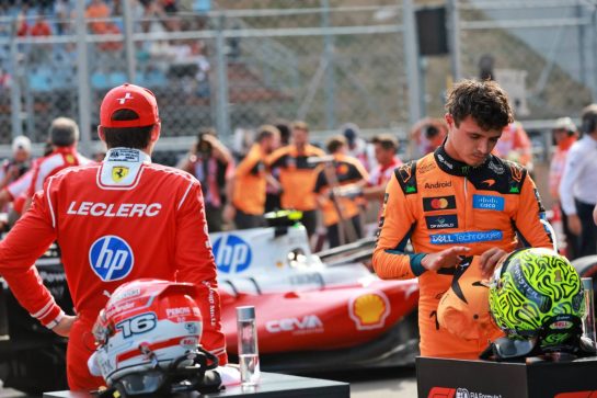 (L to R): Third placed Charles Leclerc (MON) Scuderia Ferrari and pole sitter Lando Norris (GBR) McLaren F1 Team in qualifying parc ferme.
25.07.2026. Formula 1 World Championship, Rd 11, Hungarian Grand Prix, Budapest, Hungary, Qualifying Day.
- www.xpbimages.com, EMail: requests@xpbimages.com © Copyright: Charniaux / XPB Images