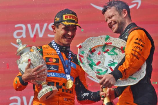 (L to R): Race winner Lando Norris (GBR) McLaren F1 Team celebrates with Kyle Moreira (GBR) McLaren F1 Team No. 1 Mechanic on the podium.
26.07.2026. Formula 1 World Championship, Rd 11, Hungarian Grand Prix, Budapest, Hungary, Race Day.
- www.xpbimages.com, EMail: requests@xpbimages.com © Copyright: Rew / XPB Images