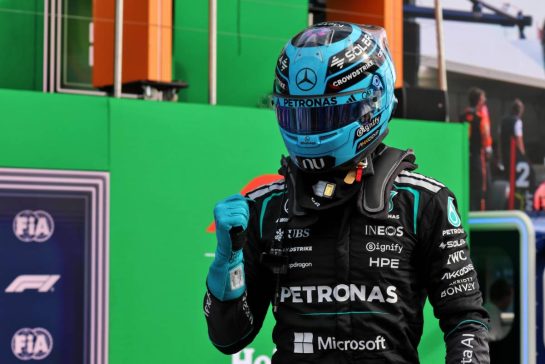 George Russell (GBR) Mercedes AMG Formula One Team celebrates his pole position in Sprint parc ferme.
21.08.2026. Formula 1 World Championship, Rd 12, Dutch Grand Prix, Zandvoort, Netherlands, Sprint Qualifying Day.
- www.xpbimages.com, EMail: requests@xpbimages.com © Copyright: Batchelor / XPB Images