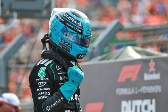 George Russell (GBR) Mercedes AMG Formula One Team celebrates his pole position in Sprint parc ferme.
21.08.2026. Formula 1 World Championship, Rd 12, Dutch Grand Prix, Zandvoort, Netherlands, Sprint Qualifying Day.
- www.xpbimages.com, EMail: requests@xpbimages.com © Copyright: Charniaux / XPB Images