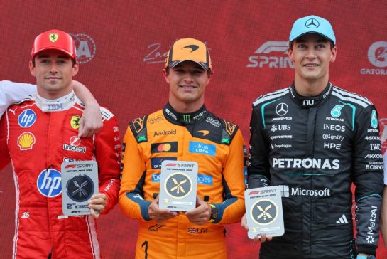 Sprint race top three in parc ferme (L to R): Charles Leclerc (MON) Scuderia Ferrari, second; Lando Norris (GBR) McLaren F1 Team, third; George Russell (GBR) Mercedes AMG Formula One Team, race winner.
22.08.2026. Formula 1 World Championship, Rd 12, Dutch Grand Prix, Zandvoort, Netherlands, Sprint and Qualifying Day.
- www.xpbimages.com, EMail: requests@xpbimages.com © Copyright: Moy / XPB Images