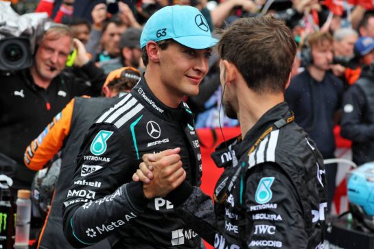 Sprint race winner George Russell (GBR) Mercedes AMG Formula One Team celebrates in parc ferme.
22.08.2026. Formula 1 World Championship, Rd 12, Dutch Grand Prix, Zandvoort, Netherlands, Sprint and Qualifying Day.
- www.xpbimages.com, EMail: requests@xpbimages.com © Copyright: Moy / XPB Images