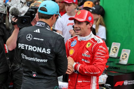 (L to R): Sprint race winner George Russell (GBR) Mercedes AMG Formula One Team with second placed Charles Leclerc (MON) Scuderia Ferrari in parc ferme.
22.08.2026. Formula 1 World Championship, Rd 12, Dutch Grand Prix, Zandvoort, Netherlands, Sprint and Qualifying Day.
- www.xpbimages.com, EMail: requests@xpbimages.com © Copyright: Moy / XPB Images