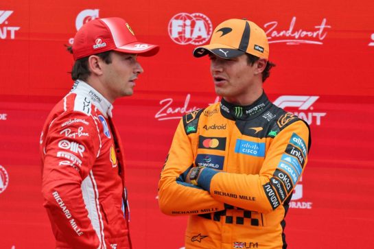 (L to R): Charles Leclerc (MON) Scuderia Ferrari with Lando Norris (GBR) McLaren F1 Team in Sprint parc ferme.
22.08.2026. Formula 1 World Championship, Rd 12, Dutch Grand Prix, Zandvoort, Netherlands, Sprint and Qualifying Day.
- www.xpbimages.com, EMail: requests@xpbimages.com © Copyright: Moy / XPB Images