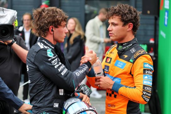 Pole sitter Lando Norris (GBR) McLaren F1 Team in parc ferme (Right) with Andrea Kimi Antonelli (ITA) Mercedes AMG Formula One Team.
22.08.2026. Formula 1 World Championship, Rd 12, Dutch Grand Prix, Zandvoort, Netherlands, Sprint and Qualifying Day.
- www.xpbimages.com, EMail: requests@xpbimages.com © Copyright: Batchelor / XPB Images