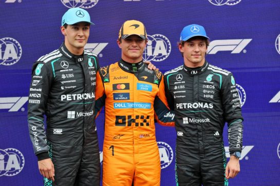 Qualifying top three in parc ferme (L to R): George Russell (GBR) Mercedes AMG Formula One Team, second; Lando Norris (GBR) McLaren F1 Team, pole position; Andrea Kimi Antonelli (ITA) Mercedes AMG Formula One Team, third.
22.08.2026. Formula 1 World Championship, Rd 12, Dutch Grand Prix, Zandvoort, Netherlands, Sprint and Qualifying Day.
- www.xpbimages.com, EMail: requests@xpbimages.com © Copyright: Batchelor / XPB Images