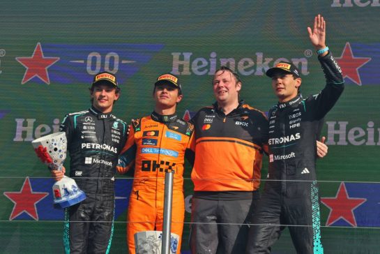 The podium (L to R): Andrea Kimi Antonelli (ITA) Mercedes AMG Formula One Team, second; Lando Norris (GBR) McLaren F1 Team, race winner; Adrian Goodwin (GBR) McLaren F1 Team Associate Director, Race Engineering; George Russell (GBR) Mercedes AMG Formula One Team W17, third.
23.08.2026. Formula 1 World Championship, Rd 12, Dutch Grand Prix, Zandvoort, Netherlands, Race Day.
- www.xpbimages.com, EMail: requests@xpbimages.com © Copyright: Moy / XPB Images
