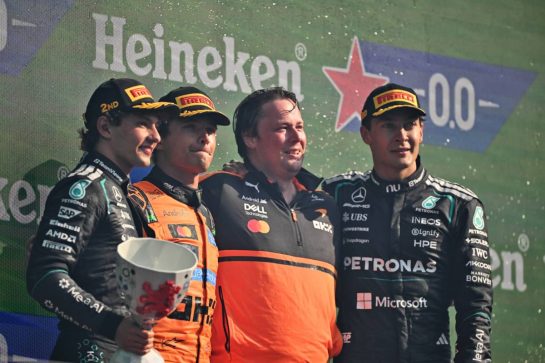 The podium (L to R): Andrea Kimi Antonelli (ITA) Mercedes AMG Formula One Team, second; Lando Norris (GBR) McLaren F1 Team, race winner; Adrian Goodwin (GBR) McLaren F1 Team Associate Director, Race Engineering; George Russell (GBR) Mercedes AMG Formula One Team W17, third.
23.08.2026. Formula 1 World Championship, Rd 12, Dutch Grand Prix, Zandvoort, Netherlands, Race Day.
- www.xpbimages.com, EMail: requests@xpbimages.com © Copyright: Price / XPB Images