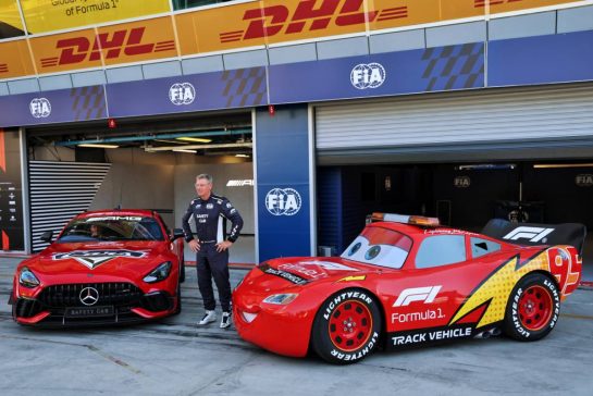 (L to R): The Cars Branded Mercedes FIA Safety Car with Bernd Maylander (GER) FIA Safety Car Driver and Lightning McQueen (USA) Stock Car.
03.09.2026. Formula 1 World Championship, Rd 13, Italian Grand Prix, Monza, Italy, Preparation Day.
- www.xpbimages.com, EMail: requests@xpbimages.com © Copyright: Batchelor / XPB Images