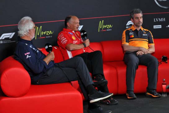 (L to R): Flavio Briatore (ITA) Alpine F1 Team Executive Advisor; Frederic Vasseur (FRA) Scuderia Ferrari Team Principal; and Andrea Stella (ITA) McLaren F1 Team Team Principal, in the FIA Press Conference.
04.09.2026. Formula 1 World Championship, Rd 13, Italian Grand Prix, Monza, Italy, Practice Day.
- www.xpbimages.com, EMail: requests@xpbimages.com © Copyright:  Rew / XPB Images