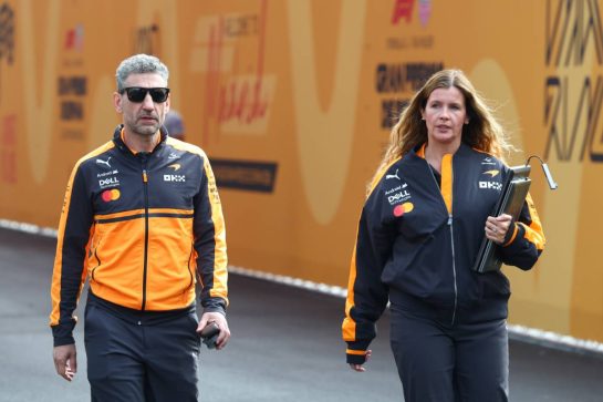 (L to R): Andrea Stella (ITA) McLaren F1 Team Team Principal. with Stephanie Carlin (GBR) McLaren F1 Team Business Operations Director.10.09.2026. Formula 1 World Championship, Rd 14, Spanish Grand Prix, Madrid, Spain, Preparation Day.- www.xpbimages.com, EMail: requests@xpbimages.com © Copyright: XPB Images