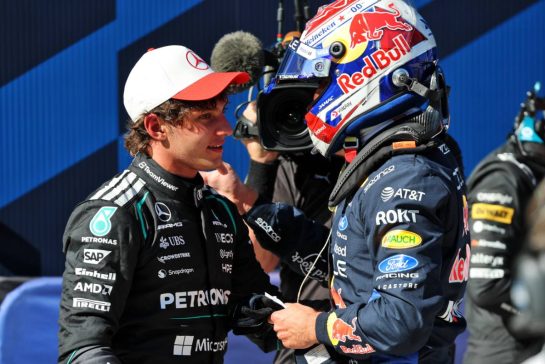 (L to R): Andrea Kimi Antonelli (ITA) Mercedes AMG Formula One Team with Max Verstappen (NLD) Red Bull Racing in qualifying parc ferme.
12.09.2026. Formula 1 World Championship, Rd 14, Spanish Grand Prix, Madrid, Spain, Qualifying Day.
- www.xpbimages.com, EMail: requests@xpbimages.com © Copyright: Batchelor / XPB Images