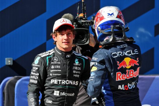 (L to R): Andrea Kimi Antonelli (ITA) Mercedes AMG Formula One Team with Max Verstappen (NLD) Red Bull Racing in qualifying parc ferme.
12.09.2026. Formula 1 World Championship, Rd 14, Spanish Grand Prix, Madrid, Spain, Qualifying Day.
- www.xpbimages.com, EMail: requests@xpbimages.com © Copyright: Batchelor / XPB Images