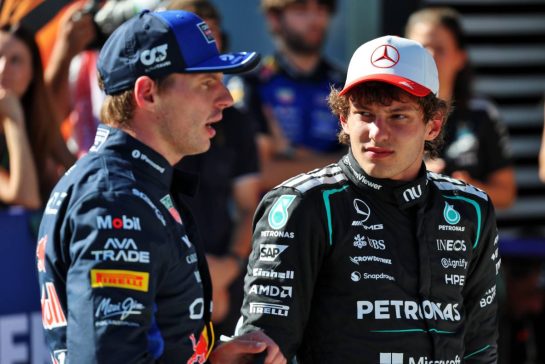 (L to R): Max Verstappen (NLD) Red Bull Racing with Andrea Kimi Antonelli (ITA) Mercedes AMG Formula One Team in qualifying parc ferme.
12.09.2026. Formula 1 World Championship, Rd 14, Spanish Grand Prix, Madrid, Spain, Qualifying Day.
- www.xpbimages.com, EMail: requests@xpbimages.com © Copyright: Batchelor / XPB Images
