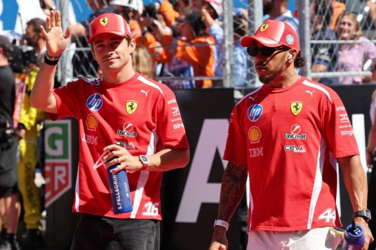 (L to R): Charles Leclerc (MON) Scuderia Ferrari with Lewis Hamilton (GBR) Scuderia Ferrari on the drivers' parade.
13.09.2026. Formula 1 World Championship, Rd 14, Spanish Grand Prix, Madrid, Spain, Race Day.
- www.xpbimages.com, EMail: requests@xpbimages.com © Copyright: Batchelor / XPB Images