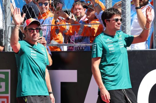 (L to R): Fernando Alonso (ESP) Aston Martin F1 Team with Lance Stroll (CDN) Aston Martin F1 Team on the drivers' parade.
13.09.2026. Formula 1 World Championship, Rd 14, Spanish Grand Prix, Madrid, Spain, Race Day.
- www.xpbimages.com, EMail: requests@xpbimages.com © Copyright: Batchelor / XPB Images