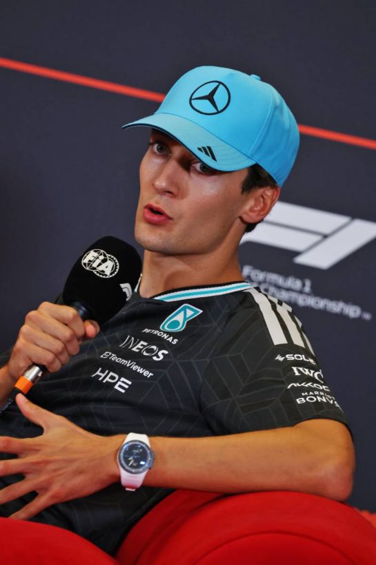 George Russell (GBR) Mercedes AMG Formula One Team in the FIA Press Conference.
23.09.2026. Formula One World Championship, Rd 15, Azerbaijan Grand Prix, Baku, Azerbaijan, Preparations Day.
- www.xpbimages.com, EMail: requests@xpbimages.com © Copyright: Bearne / XPB Images