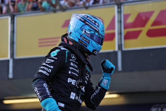 George Russell (GBR) Mercedes AMG Formula One Team celebrates his pole position in qualifying parc ferme.
25.09.2026. Formula One World Championship, Rd 15, Azerbaijan Grand Prix, Baku, Azerbaijan, Qualifying Day.
- www.xpbimages.com, EMail: requests@xpbimages.com © Copyright: Batchelor / XPB Images