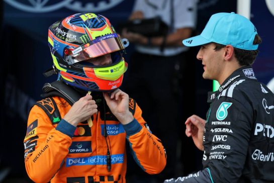(L to R): Third placed Oscar Piastri (AUS) McLaren F1 Team with pole sitter George Russell (GBR) Mercedes AMG Formula One Team in qualifying parc ferme.
25.09.2026. Formula One World Championship, Rd 15, Azerbaijan Grand Prix, Baku, Azerbaijan, Qualifying Day.
- www.xpbimages.com, EMail: requests@xpbimages.com © Copyright: Batchelor / XPB Images