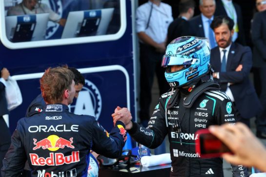 Race winner George Russell (GBR) Mercedes AMG Formula One Team (Right) celebrates in parc ferme with second placed Max Verstappen (NLD) Red Bull Racing.
26.09.2026. Formula One World Championship, Rd 15, Azerbaijan Grand Prix, Baku, Azerbaijan, Race Day.
- www.xpbimages.com, EMail: requests@xpbimages.com © Copyright: Bearne / XPB Images