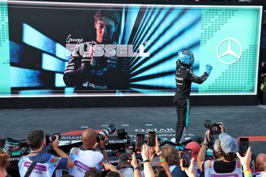 Race winner George Russell (GBR) Mercedes AMG Formula One Team W17 celebrates in parc ferme.
26.09.2026. Formula One World Championship, Rd 15, Azerbaijan Grand Prix, Baku, Azerbaijan, Race Day.
- www.xpbimages.com, EMail: requests@xpbimages.com © Copyright: Bearne / XPB Images