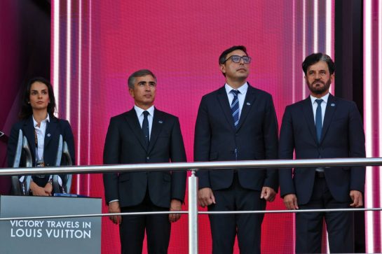 Mohammed Bin Sulayem (UAE) FIA President (Right) with podium dignitaries.
26.09.2026. Formula One World Championship, Rd 15, Azerbaijan Grand Prix, Baku, Azerbaijan, Race Day.
- www.xpbimages.com, EMail: requests@xpbimages.com © Copyright: Bearne / XPB Images