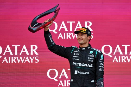 Race winner George Russell (GBR) Mercedes AMG Formula One Team celebrates on the podium.
26.09.2026. Formula One World Championship, Rd 15, Azerbaijan Grand Prix, Baku, Azerbaijan, Race Day.
- www.xpbimages.com, EMail: requests@xpbimages.com © Copyright: Bearne / XPB Images