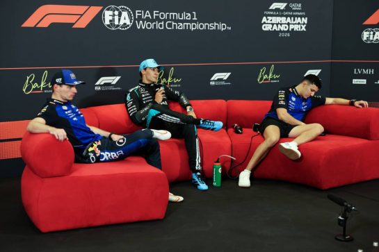 (L to R): Max Verstappen (NLD) Red Bull Racing; George Russell (GBR) Mercedes AMG Formula One Team; and Isack Hadjar (FRA) Red Bull Racing, in the post race FIA Press Conference.26.09.2026. Formula One World Championship, Rd 15, Azerbaijan Grand Prix, Baku, Azerbaijan, Race Day.
- www.xpbimages.com, EMail: requests@xpbimages.com © Copyright: Rew / XPB Images