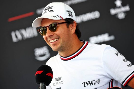 Sergio Perez (MEX) Cadillac Formula 1 Team with the media.
01.10.2026. Formula 1 World Championship, Rd 16, Bahrain Grand Prix, Sepang, Malaysia, Preparations Day.
- www.xpbimages.com, EMail: requests@xpbimages.com © Copyright: Bearne / XPB Images
