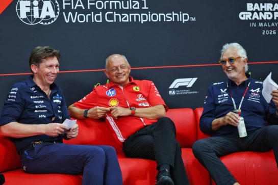 (L to R): James Vowles (GBR) Williams F1 Team, Team Principal; Frederic Vasseur (FRA) Scuderia Ferrari Team Principal; and Flavio Briatore (ITA) Alpine F1 Team Executive Advisor in the FIA Press Conference.
02.10.2026. Formula 1 World Championship, Rd 16, Bahrain Grand Prix, Sepang, Malaysia, Practice Day.
- www.xpbimages.com, EMail: requests@xpbimages.com © Copyright: Bearne / XPB Images