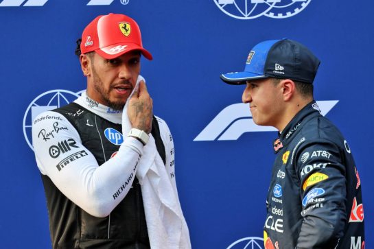 (L to R): Second placed Lewis Hamilton (GBR) Scuderia Ferrari with third placed Isack Hadjar (FRA) Red Bull Racing in qualifying parc ferme.
03.10.2026. Formula 1 World Championship, Rd 16, Bahrain Grand Prix, Sepang, Malaysia, Qualifying Day.
- www.xpbimages.com, EMail: requests@xpbimages.com © Copyright: Batchelor / XPB Images