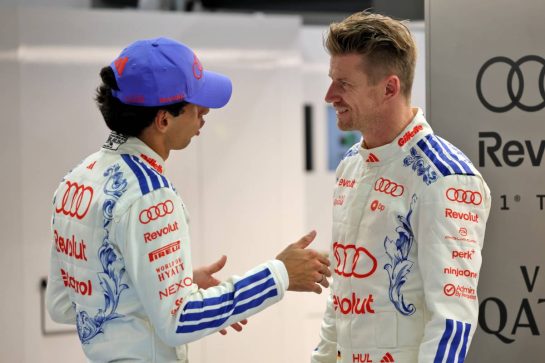 (L to R): Gabriel Bortoleto (BRA) Audi F1 Team with team mate Nico Hulkenberg (GER) Audi F1 Team.
08.10.2026. Formula 1 World Championship, Rd 17, Singapore Grand Prix, Marina Bay Street Circuit, Singapore, Preparations Day.
- www.xpbimages.com, EMail: requests@xpbimages.com © Copyright: Batchelor / XPB Images