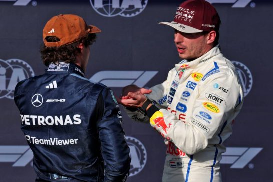 Second placed Max Verstappen (NLD) Red Bull Racing (Right) sitter Andrea Kimi Antonelli (ITA) Mercedes AMG Formula One Team in qualifying parc ferme.
24.10.2026. Formula 1 World Championship, Rd 18, United States Grand Prix, Austin, United States, Qualifying Day.
- www.xpbimages.com, EMail: requests@xpbimages.com © Copyright: Batchelor / XPB Images