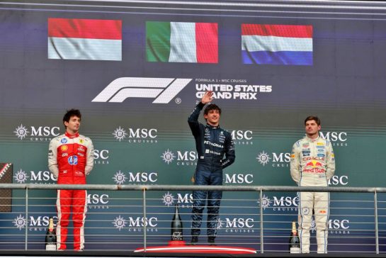 The podium (L to R): Charles Leclerc (MON) Scuderia Ferrari, second; Andrea Kimi Antonelli (ITA) Mercedes AMG Formula One Team race winner; Max Verstappen (NLD) Red Bull Racing, third.
25.10.2026. Formula 1 World Championship, Rd 18, United States Grand Prix, Austin, United States, Race.
- www.xpbimages.com, EMail: requests@xpbimages.com © Copyright: Moy / XPB Images