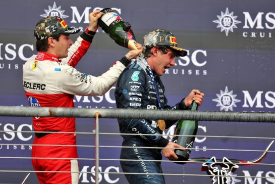 (L to R): Charles Leclerc (MON) Scuderia Ferrari celebrates his second position on the podium with race winner Andrea Kimi Antonelli (ITA) Mercedes AMG Formula One Team.
25.10.2026. Formula 1 World Championship, Rd 18, United States Grand Prix, Austin, United States, Race.
- www.xpbimages.com, EMail: requests@xpbimages.com © Copyright: Moy / XPB Images